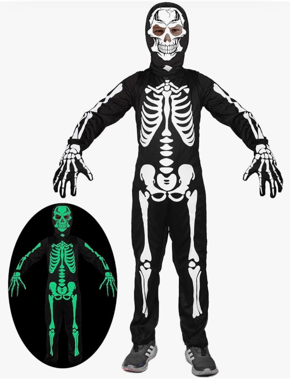 Kids Black Skeleton Costume with Hood and Gloves ~Glows in the Dark